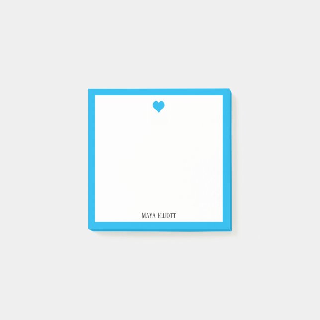 Bright Sky Blue Heart and Border on White w/ Name Post-it Notes (Front)