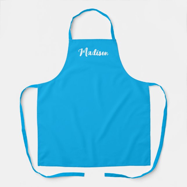 Bright Sky Blue Script Personalized Womens Baking Apron (Front)