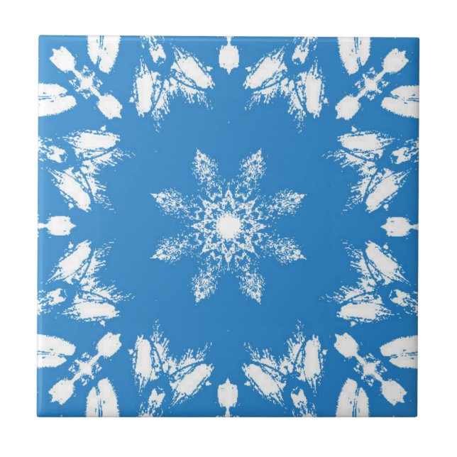 Bright sky blue white star flower geometric design tile (Front)