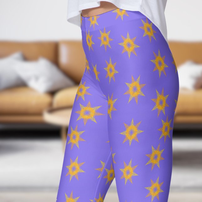 Bright Slate Blue and Gold Star Pattern Leggings (Star on Slate Blue)