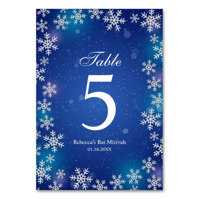 Bright Snowflakes Blue Winter Bat Mitzvah Table Number (Front)