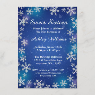 Bright Snowflakes Blue Winter Wonderland Sweet 16 Invitation