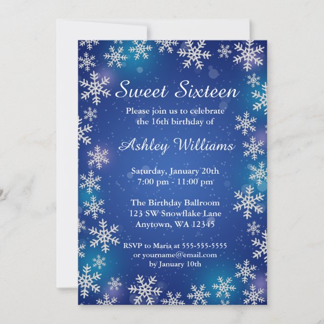 Bright Snowflakes Blue Winter Wonderland Sweet 16 Invitation (Front)
