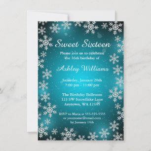 Bright Snowflakes Teal Winter Wonderland Sweet 16 Invitation
