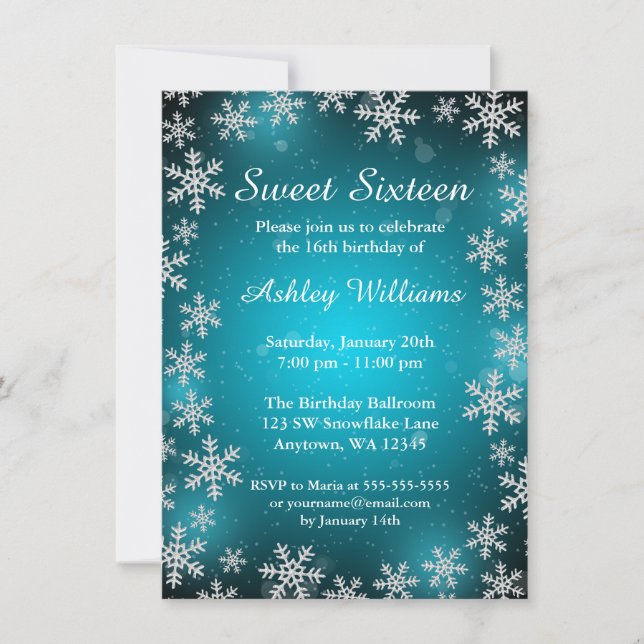 Bright Snowflakes Teal Winter Wonderland Sweet 16 Invitation (Front)
