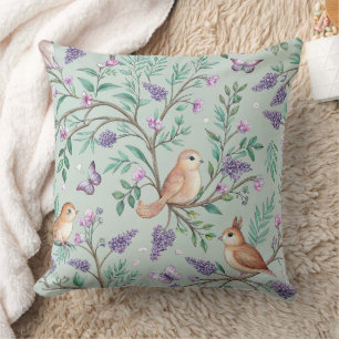 Bright Songbird Floral Purple Blooms Greenery Throw Pillow