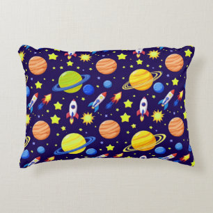 Bright Space Adventure Rockets Planets Stars Accent Pillow