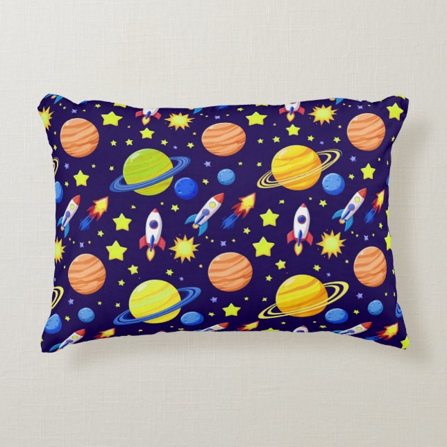 Bright Space Adventure Rockets Planets Stars Accent Pillow (Front)