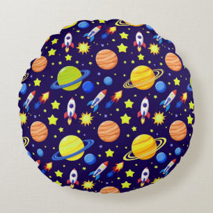 Bright Space Adventure Rockets Planets Stars Round Pillow