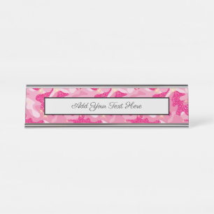 Bright Sparkle Pink Camouflage Chic Camo Glam Army Desk Name Plate