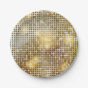Bright sparkling golden sequin glitters disco ball paper plate