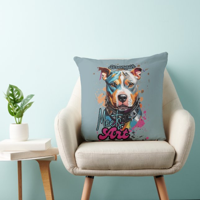 Bright Splatter Pit Bull Illustration Throw Pillow (Chair)