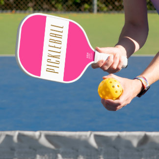 Bright Sporty Bold Pink White Wide Stripes Text Pickleball Paddle