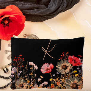 Bright spring flowers on black monogram accessory pouch