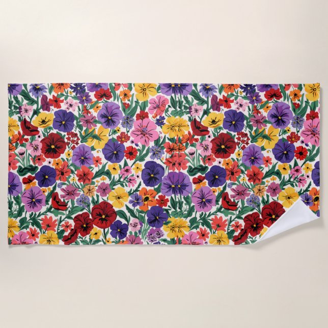 Bright Spring Pansies Floral Garden Pattern Beach Towel (Front)