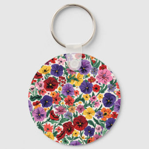 Bright Spring Pansies Floral Garden Pattern Keychain