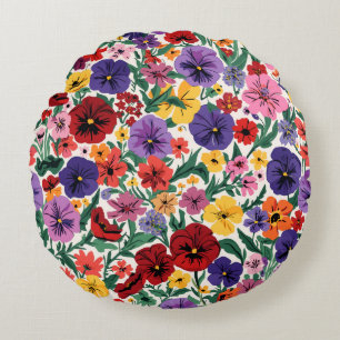 Bright Spring Pansies Floral Garden Pattern Round Pillow