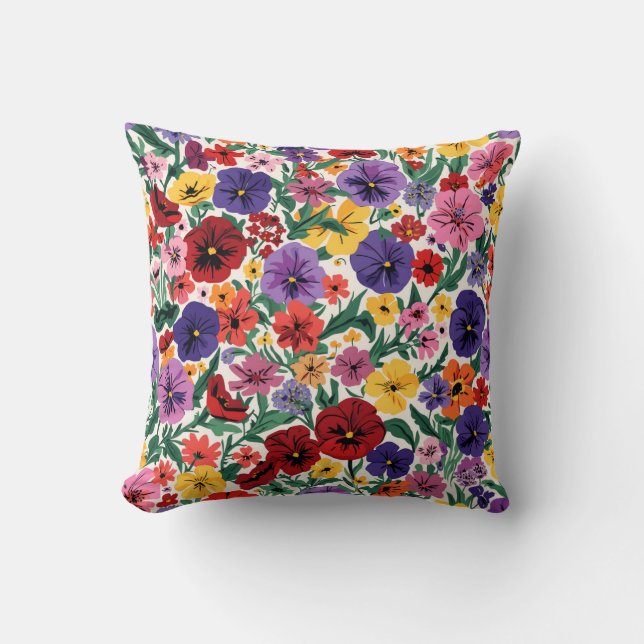 Bright Spring Pansies Floral Garden Pattern Throw Pillow (Front)