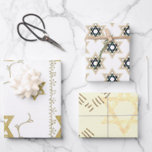 Bright Star of David Black White Gold Wrapping Paper Sheet