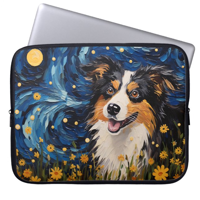 BRIGHT STARRY NIGHT WITH AUSTRALIAN SHEPHERD DOG LAPTOP SLEEVE (Front)