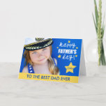 Bright Stars Father's Day Photo Greeting Card<br><div class="desc">Bold and colourful father's day card! Features bright yellow stars around the words "Happy Father's Day" in white. Yellow strip on the bottom with blue text that can be customized, including a change in colour, if desired. Easy to personalize with a photo of your own (please replace the template photo...</div>