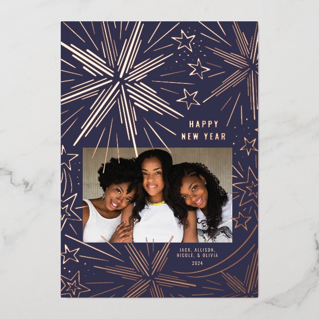 Bright Stars Festive Fireworks New Year Photo Card (Front)
