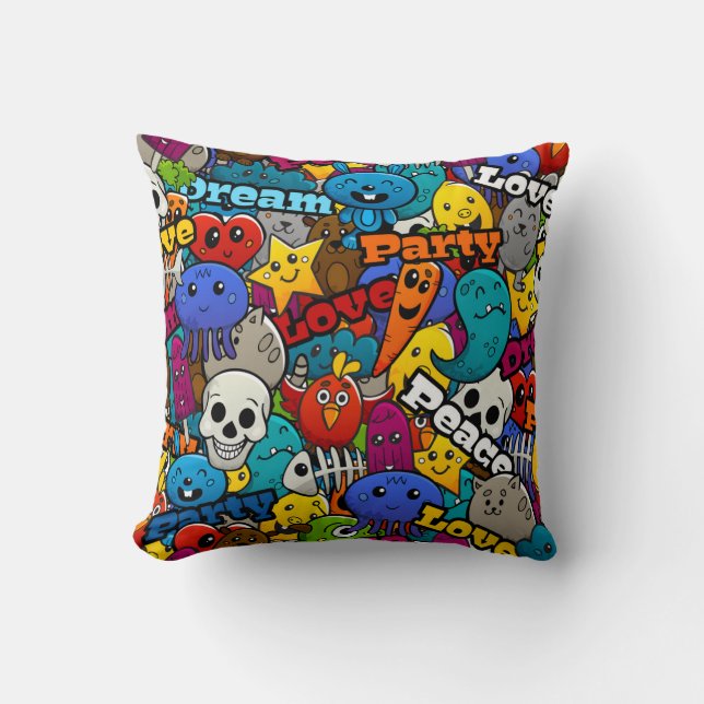 Bright Sticker Pattern Throw Pillow (Front)