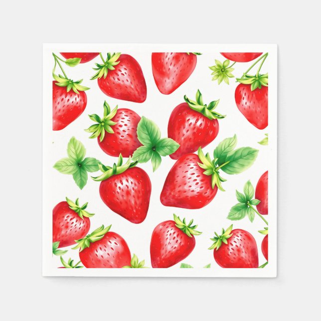 Bright Strawberries in Watercolor on White  Napkin (Front)