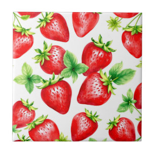 Bright Strawberries in Watercolor on White Tile