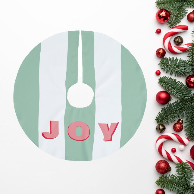Bright Striped Green Modern "Joy" Typography  Brushed Polyester Tree Skirt (Creator Uploaded)