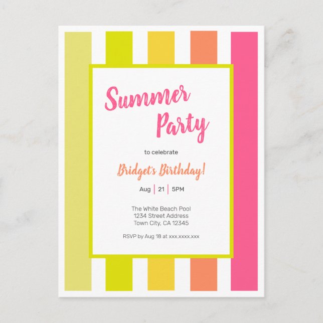 Bright Stripes Summer Party Invitation Postcard (Front)