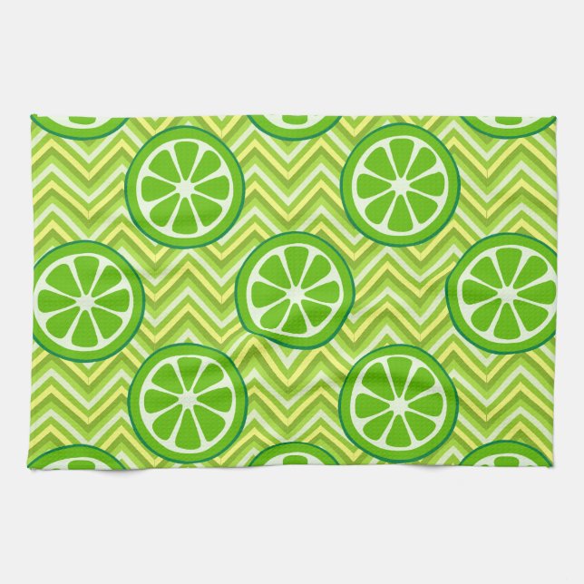 Bright Summer Citrus Limes on Green Yellow Chevron Kitchen Towel (Horizontal)