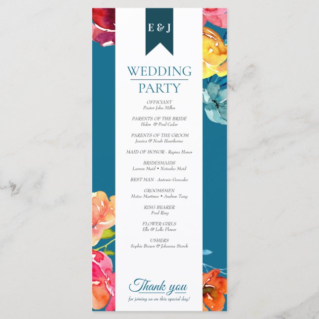 Bright Summer colourful petrol Wedding Program (Back)