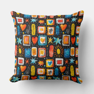 Bright summer colours marker stars, hearts, rhombu throw pillow
