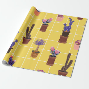 Bright summer cute Cactus in many kind of pots on Wrapping Paper