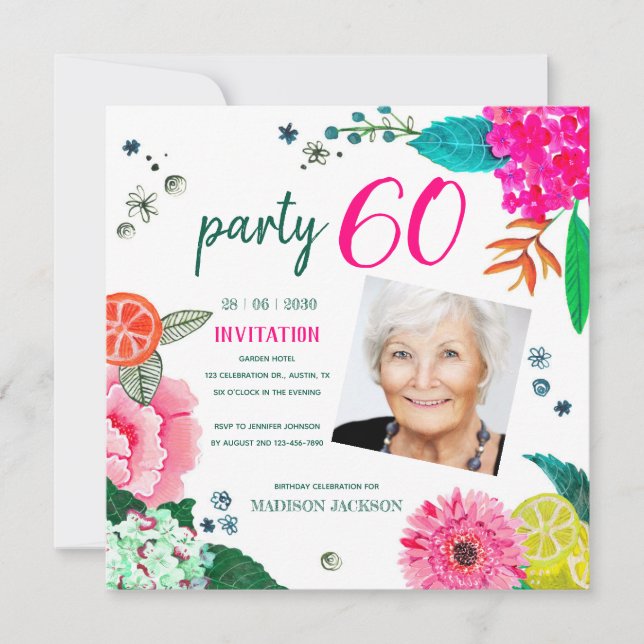 Bright summer floral & fruit birthday party invitation (Front)