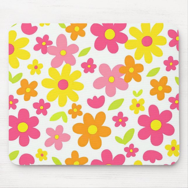 Bright Summer Floral Retro Pink and Yellow Pattern Mouse Pad (Front)