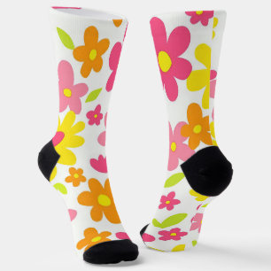 Bright Summer Floral Retro Pink and Yellow Pattern Socks