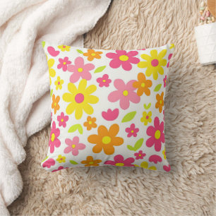 Bright Summer Floral Retro Pink and Yellow Pattern Throw Pillow