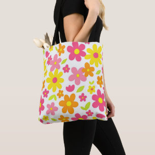 Bright Summer Floral Retro Pink and Yellow Pattern Tote Bag
