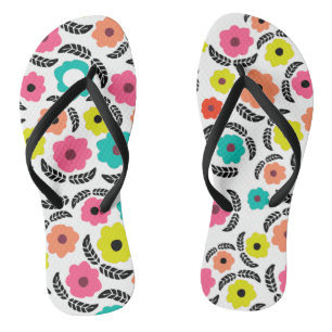 Bright Summer Flowers and Black Leaf Pattern Flip Flops