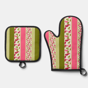 Bright summer pattern of stripes of multi-coloured oven mitt & pot holder set