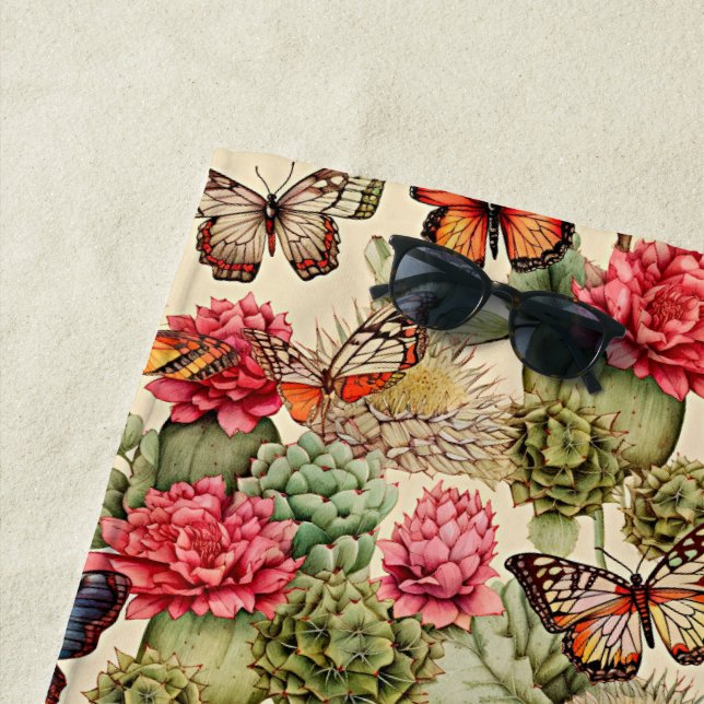  Bright summer pattern with butterflies and cacti  Beach Towel (In Situ)