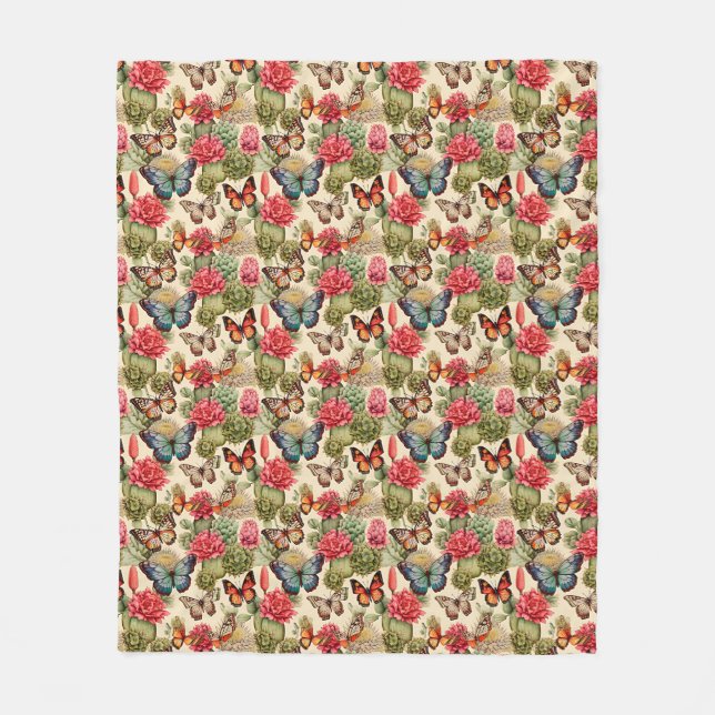  Bright summer pattern with butterflies and cacti  Fleece Blanket (Front)