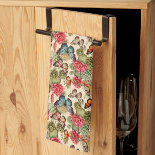Bright summer pattern with butterflies and cacti  Kitchen Towel