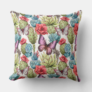 Bright summer pattern with butterflies and cacti Outdoor Pillow