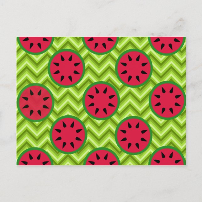 Bright Summer Picnic Watermelons on Green Chevron Postcard (Front)
