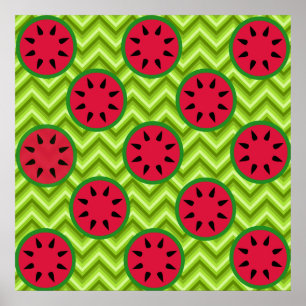 Bright Summer Picnic Watermelons on Green Chevron Poster