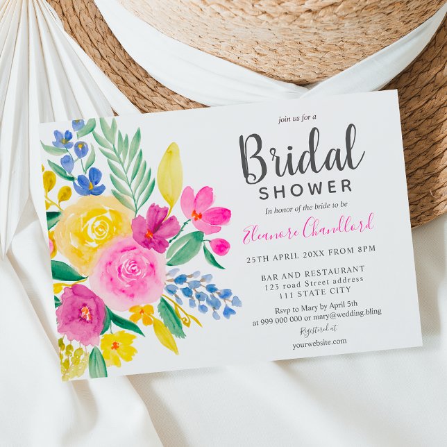 Bright summer pink floral watercolor bridal shower invitation (Creator Uploaded)
