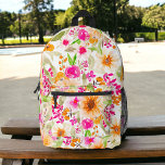 Bright summer sunflowers chic pink floral pattern printed backpack<br><div class="desc">Bright summer sunflowers chic pink floral pattern backpack with pretty oversized flowers with bohemian vibrant yeloow,  orange sunflowers,  bright pink roses and greenery</div>